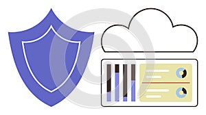 Shield Representing Security and Cloud Data Analysis with Bar Charts and Infographics