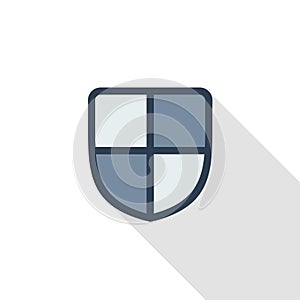 Shield, safety and protection thin line flat color icon. Linear vector symbol. Colorful long shadow design.