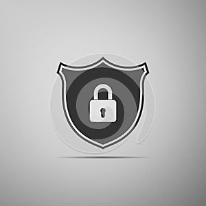 Shield security with lock icon isolated on grey background. Flat design. Vector
