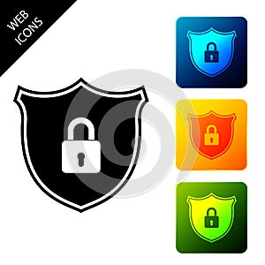 Shield security with lock icon isolated. Protection, safety, password security. Firewall access privacy sign. Set icons