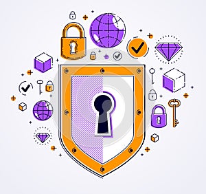 Shield and set of icons, internet security concept, antivirus or firewall, finance protection, vector flat thin line design,