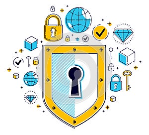 Shield and set of icons, internet security concept, antivirus or firewall, finance protection, vector flat thin line design,