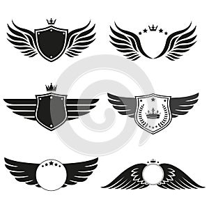 Shield set logo illustration with wings and crown