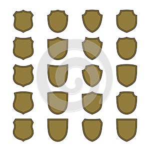 Shield shape bronze icons set. Simple silhouette flat logo on white background. Symbol of security, protection, safety
