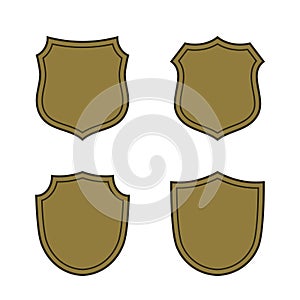 Shield shape gold icons set. Simple silhouette flat logo on white background. Symbol of security, protection, safety