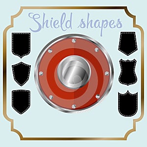 Shield shape icons set. Black label signs, isolated on white background. Symbol of protection, arms, security, safety