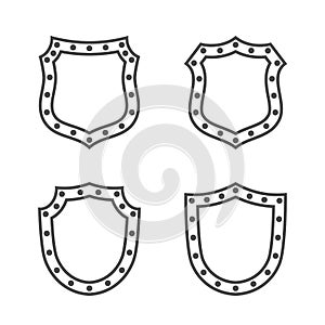 Shield shape icons set. Black silhouette signs isolated on white. Symbol protection, arms, coat honor, security, safety