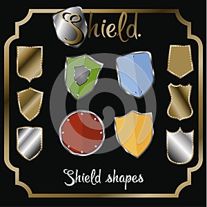 Shield shape icons set. Black label signs, isolated on white background. Symbol of protection, arms, security, safety