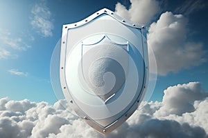 Shield in the sky clouds. Cloud service firewall concept. Generative AI