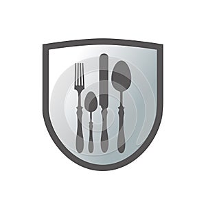 Shield with spoon, knife, fork and teaspoon silhouettes.