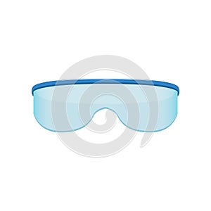 Shield style sunglasses with blue tinted lenses. Protective eyewear. Trendy fashion design. Flat vector sticker for