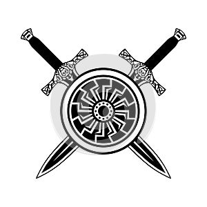 Shield and sword black white icon