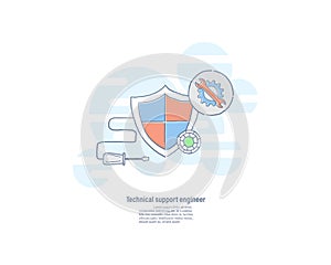 Shield and tool icon. Technical system support concept. Logo Vector illustration hand drawn line flat design.