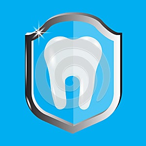 Shield with a tooth. Dentistry logo. Tooth protection symbol. Clean gums. Vector illustration