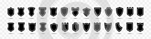 Shield vector collection on transparent background. Shield black flat vector icon set. Protection safety defence security symbol