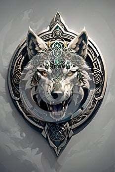 Shield with a wolf\'s head with an open mouth, decorated with detailed Celtic ornamentation.