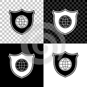 Shield with world globe icon isolated on black, white and transparent background. Security, safety, protection, privacy