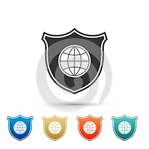 Shield with world globe icon isolated on white background. Security, safety, protection, privacy concept. Set icons in