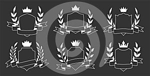 Shield wreath ribbon crown emblem banner glyph set