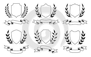 Shield wreath ribbon emblem banner black glyph set