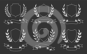 Shield wreath ribbon emblem banner white glyph set