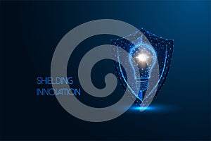 Shielding innovation, protecting, defending innovative ideas and creative concept on blue background