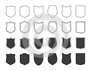 Shields badge icon set. Outline shield label, symbol of safety, power and protection, military or heraldic sign, shape