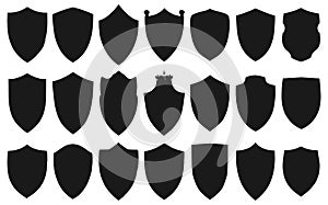 Shields of different shapes. Black armour shield signs isolated, award shape emblems, heraldic knights badges patch