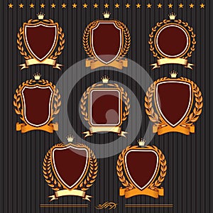 Shields, laurel wreaths and ribbons