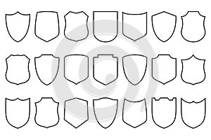 Shields set. Security shield linear icons collection. Line design elements for concept of safety and protection. Vector