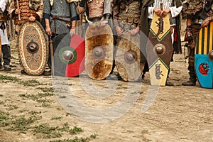 Shields and weapons of barbarian legions.