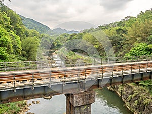 Shifen water park with railway track in Taiwan
