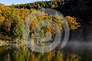 Shiga Kogen Early morning view of autumn leaves at Kido Pond.