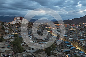 Shigatse and Little Potala residence of Panchen Lama at dusk, Tibet - China