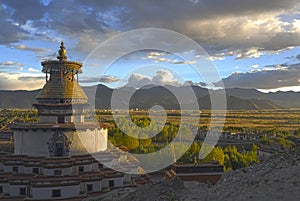 Shigatse monastery at sunsnet. Tibet photo