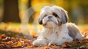 Shih Tzu dog with long groomed hair, outdoor portrait of 9 month old puppy.