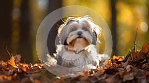 Shih Tzu dog with long groomed hair, outdoor portrait of 9 month old puppy.