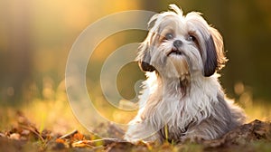 Shih Tzu dog with long groomed hair, outdoor portrait of 9 month old puppy.