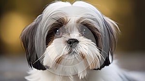 Shih Tzu dog with long groomed hair, outdoor portrait of 9 month old puppy.