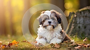 Shih Tzu dog with long groomed hair, outdoor portrait of 9 month old puppy.