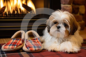 shih tzu puppy cuddling up next to a pair of warm slippers on a rug