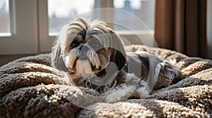 Shih Tzu Relaxing on Plush Bed in a Modern Living Room photo