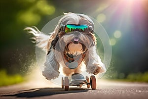 Shih tzu rides a skateboard on a sunny summer day