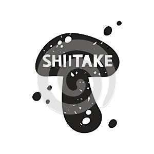 Shiitake mushroom grunge sticker. Black texture silhouette with lettering inside. Imitation of stamp, print with scuffs