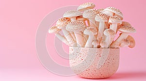 Shiitake mushroom lentinula edodes displayed on a soft and delicate pastel colored background photo