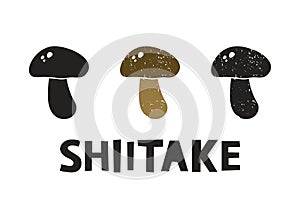Shiitake mushroom, silhouette icons set with lettering. Imitation of stamp, print with scuffs. Simple black shape and color vector