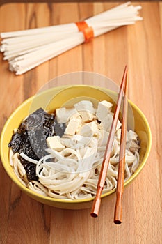 Shiitake, pasta, and tofu soup
