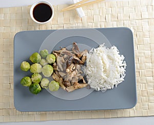 Shiitake with rice and Brussel sprout