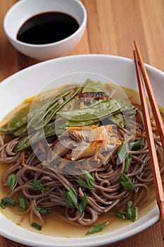 Shiitake, soba, and green bean soup