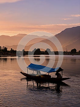 Shikara boats on Dal Lake with Sunset Dal Lake in Srinagar Jammu and Kashmir